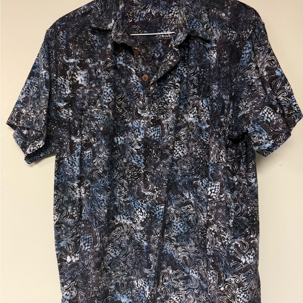 Casual Short Sleeve Printed Button-Up Shirt - Blue/Black 2XL
